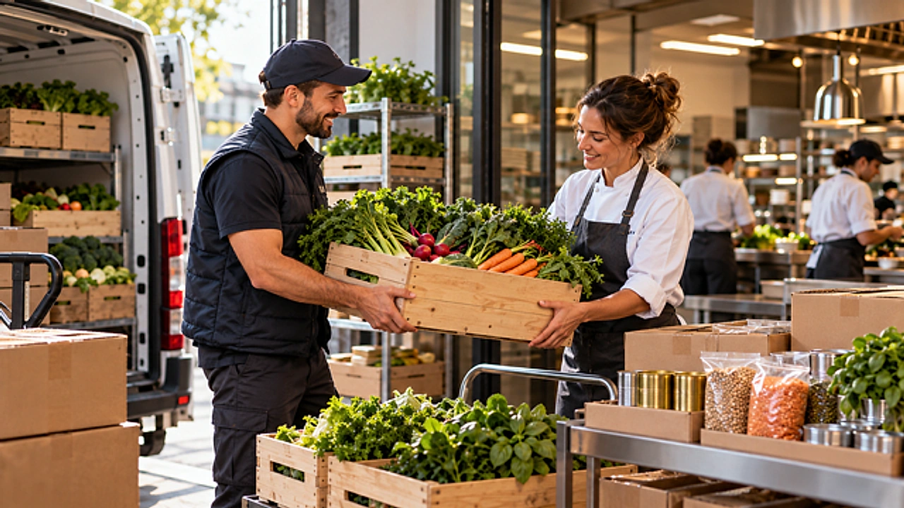 Dostawca przekazujący skrzynkę warzyw do restauracji
